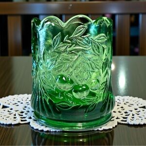 Vintage L. G. Wright Glass Green Cherry Pattern Toothpick Holder 2 1/2”